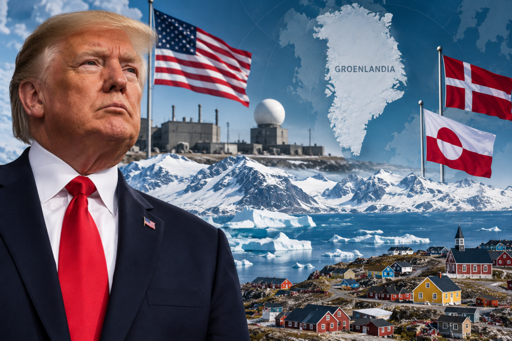 Donald Trump con le bandiere di Stati Uniti, Danimarca e Groenlandia, sullo sfondo di un paesaggio artico e installazioni militari.