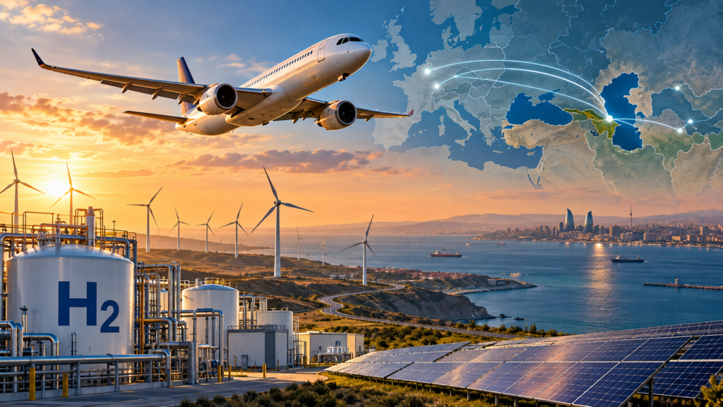 Aereo di linea sopra impianti di idrogeno verde, turbine eoliche e pannelli solari, con una rappresentazione dei collegamenti energetici tra Europa, Azerbaigian e Asia centrale.