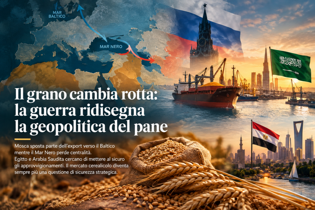 Il grano cambia rotta: la guerra ridisegna la geopolitica del pane Il grano cambia rotta: la guerra ridisegna la geopolitica del pane. La Russia sposta parte dei flussi verso il Baltico mentre Mar Nero, Egitto e Paesi del Golfo diventano nodi sempre più strategici per la sicurezza degli approvvigionamenti.