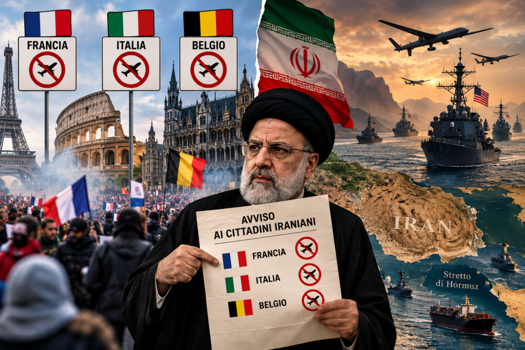 Illustrazione simbolica dell'Iran che sconsiglia i viaggi in Italia, Francia e Belgio, mentre nel Golfo Persico sono raffigurati navi militari e droni.