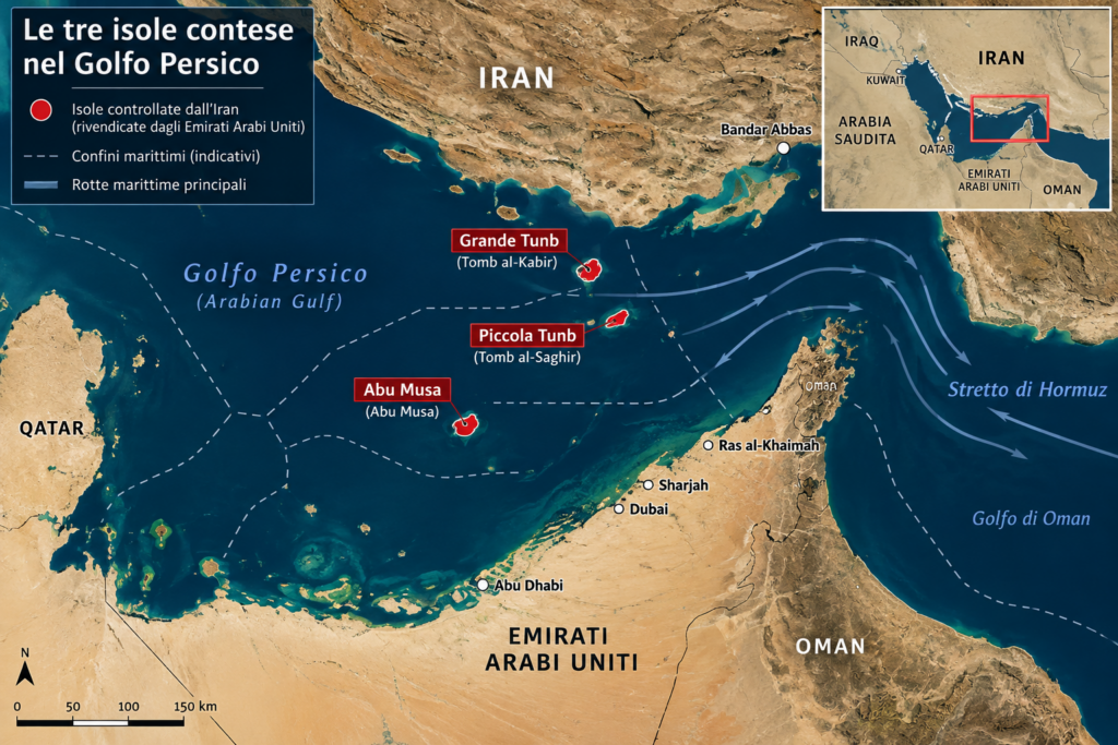 Iran-Canada, scontro sulle isole del Golfo Persico: Ottawa sostiene Abu Dhabi e Teheran ne rivendica la sovranità Mappa del Golfo Persico con Abu Musa, Grande Tunb e Piccola Tunb, le tre isole controllate dall'Iran e rivendicate dagli Emirati Arabi Uniti, vicino allo Stretto di Hormuz.