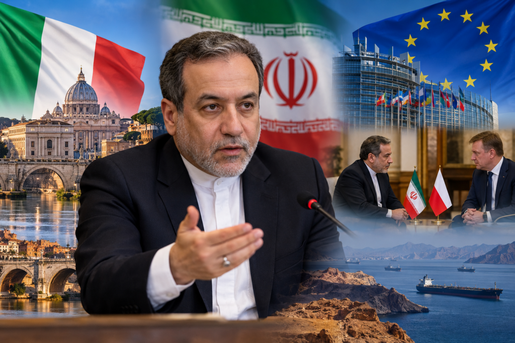 Composizione illustrativa con Abbas Araghchi, le bandiere di Iran, Italia e Unione europea, un incontro diplomatico e lo Stretto di Hormuz.