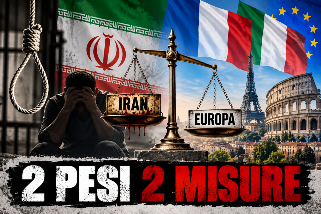 Illustrazione sul doppio standard nei diritti umani, con Iran ed Europa contrapposti