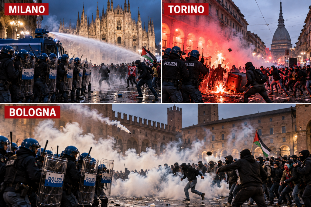 Immagine illustrativa degli scontri tra manifestanti e polizia a Milano, Torino e Bologna, città citate nel comunicato iraniano del 21 ottobre 2026.