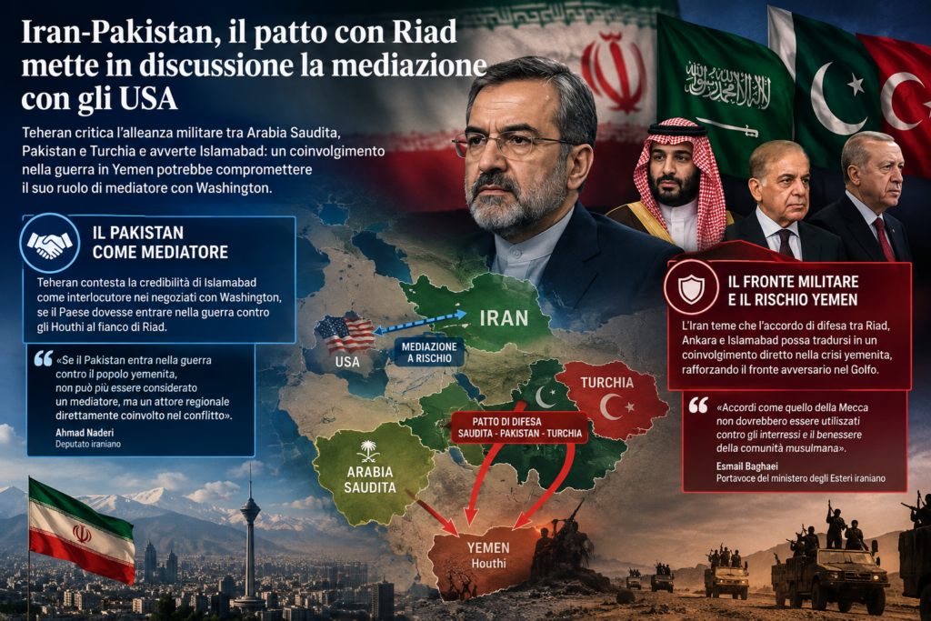 l patto di difesa tra Arabia Saudita, Pakistan e Turchia apre un nuovo fronte di tensione con Teheran. L’Iran avverte Islamabad che un eventuale coinvolgimento nella crisi yemenita potrebbe compromettere il suo ruolo di mediatore nei contatti con Washington. Sullo sfondo, il rischio di un’escalation regionale.