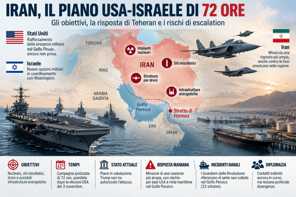 Iran, piano USA-Israele di 72 ore: sale la tensione Infografica sul piano militare di 72 ore ipotizzato da USA e Israele contro l'Iran, con mappa del Golfo Persico, obiettivi potenziali e Stretto di Hormuz.
