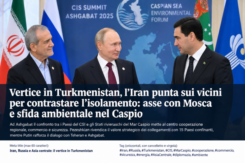 Pezeshkian, Putin e Berdimuhamedov al centro del confronto diplomatico in Turkmenistan, tra cooperazione regionale, rotte commerciali e questioni ambientali del Mar Caspio.