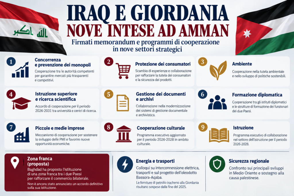 Infografica sulle nove intese tra Iraq e Giordania firmate ad Amman e sulla proposta di una zona franca commerciale.