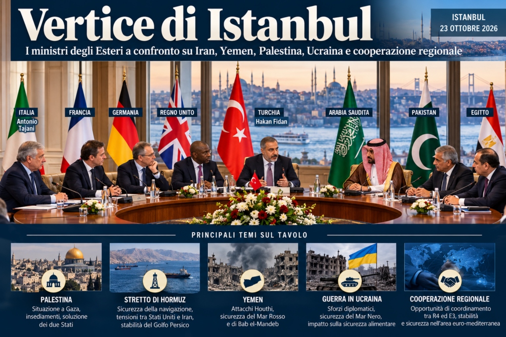 Istanbul, Tajani al vertice su Iran, Yemen e Ucraina Vertice di Istanbul, Tajani e i ministri degli Esteri di otto Paesi a confronto su Iran, Yemen, Palestina, Ucraina e sicurezza delle rotte marittime.