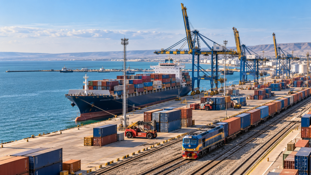 Nave portacontainer, gru portuali e treno merci in un terminal logistico che illustra gli investimenti nel Corridoio transcaspico tra Kazakhstan e Unione europea.