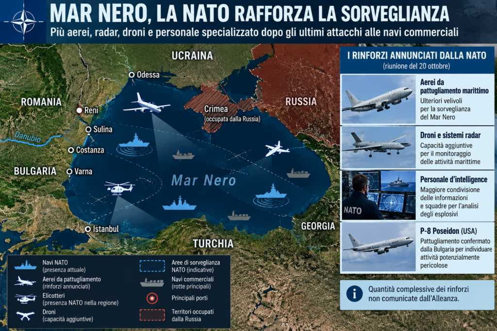 Infografica del Mar Nero con i rinforzi NATO annunciati il 20 ottobre 2026: aerei da pattugliamento, radar, droni e personale specializzato.