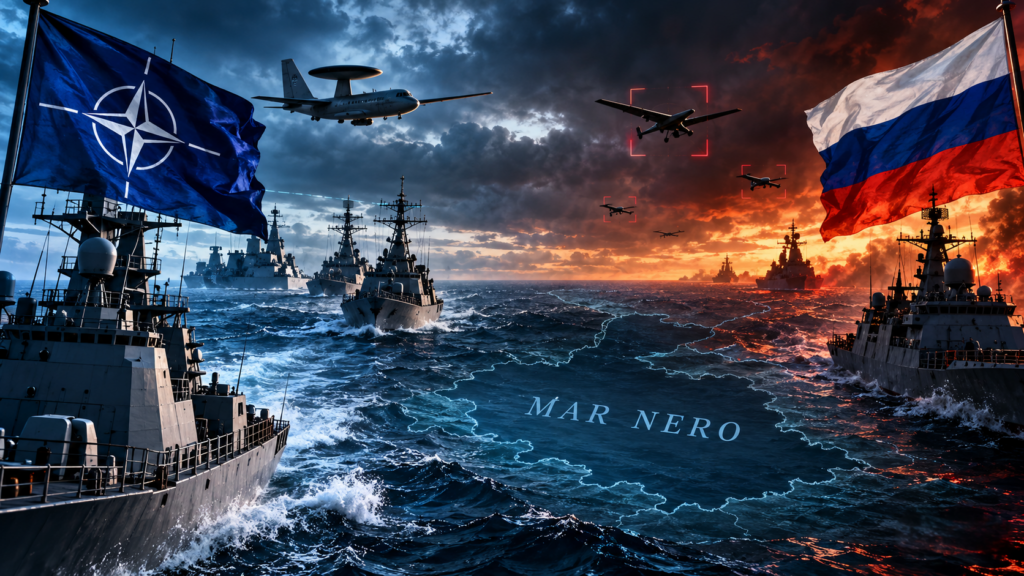 Illustrazione delle tensioni militari tra NATO e Russia nel Mar Nero, con navi da guerra, droni e bandiere delle due parti.