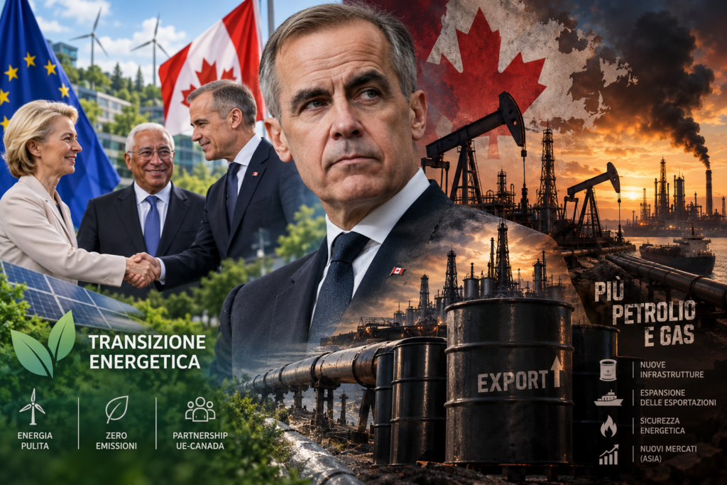 Mark Carney tra transizione ecologica e sviluppo delle fonti fossili: mentre il Canada rafforza la partnership strategica con l'Unione Europea, le scelte energetiche del governo di Ottawa sollevano interrogativi sulla coerenza degli impegni climatici. Immagine illustrativa generata con intelligenza artificiale.