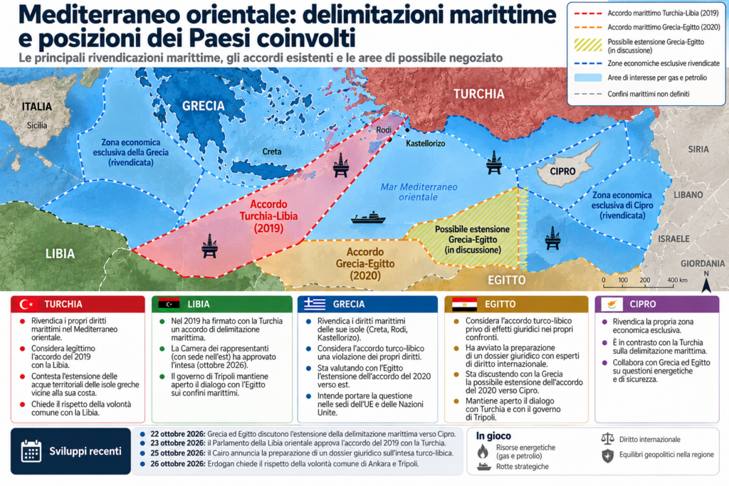Infografica sulle delimitazioni marittime nel Mediterraneo orientale e sulle posizioni di Grecia, Egitto, Turchia, Libia e Cipro.