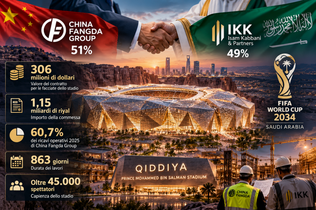 Infografica sul contratto da 306 milioni di dollari per lo stadio di Qiddiya, con China Fangda Group al 51% e il partner saudita IKK al 49%.