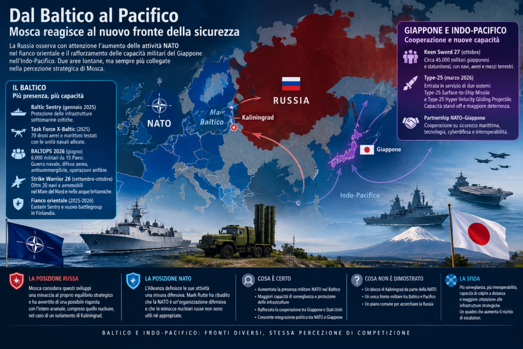 Dal Baltico all’Indo-Pacifico, il nuovo equilibrio della sicurezza: la NATO rafforza la presenza sul fianco orientale mentre il Giappone amplia le proprie capacità militari e la cooperazione con gli Stati Uniti, in un contesto di crescente competizione strategica con la Russia.