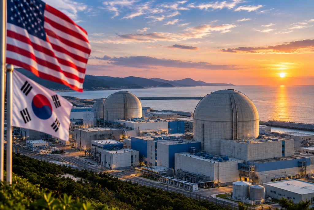 Centrale nucleare costiera in Corea del Sud con bandiere degli Stati Uniti e della Corea del Sud