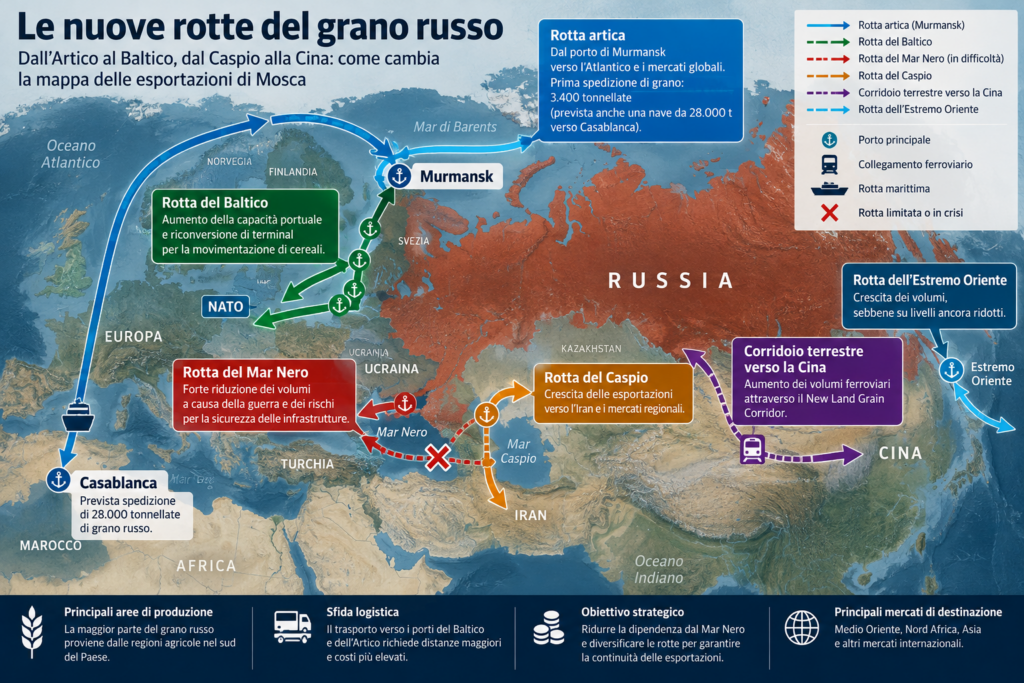 Infografica delle nuove rotte di esportazione del grano russo: dal porto artico di Murmansk al Mar Baltico, al Mar Caspio e alla Cina, con il declino dei traffici nel Mar Nero.