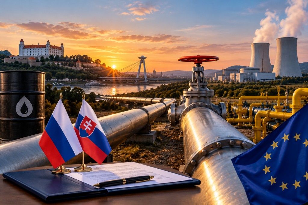Russia e Slovacchia, immagine illustrativa della cooperazione energetica su petrolio Druzhba, gas naturale e nucleare.