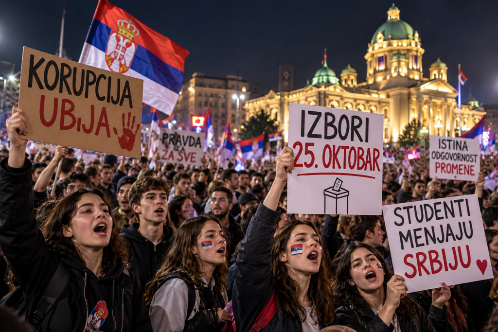 Manifestanti serbi con bandiere e cartelli contro la corruzione e per le elezioni del 25 ottobre.