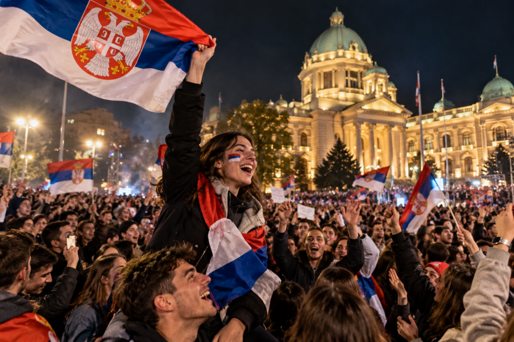 Serbia, la vittoria degli studenti alle elezioni parlamentari del 25 ottobre 2026 apre una nuova fase politica dopo la sconfitta della coalizione di Aleksandar Vučić. Illustrazione generata con intelligenza artificiale, non fotografia documentaria.