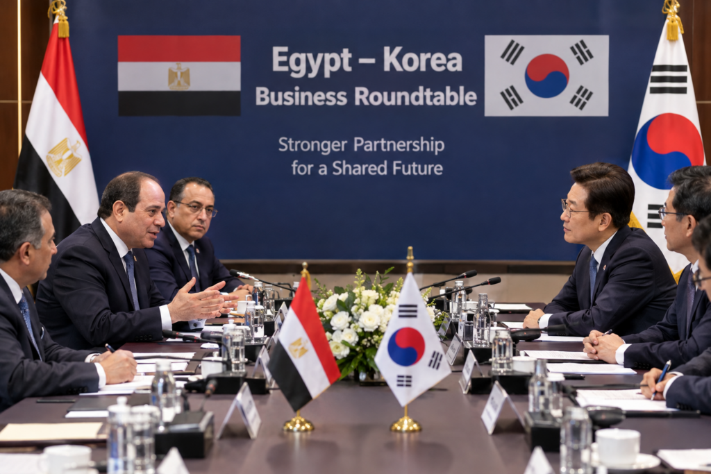Il presidente egiziano Abdel Fattah Al-Sisi durante l'incontro con i rappresentanti delle principali aziende sudcoreane a Seoul, dedicato al rafforzamento degli investimenti e della cooperazione industriale tra Egitto e Corea del Sud.