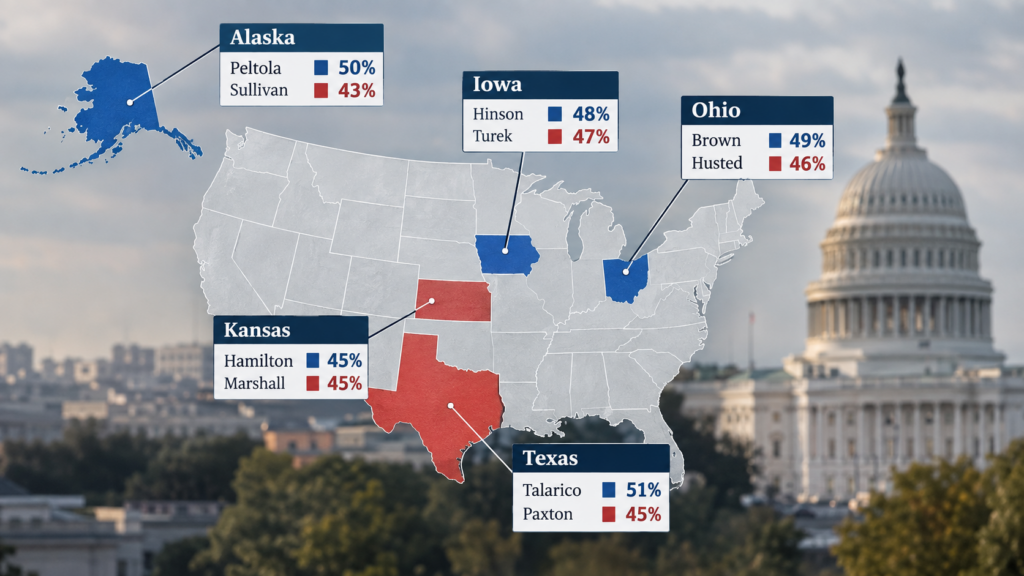 Sondaggi elezioni midterm USA 2026 con percentuali di voto tra democratici e repubblicani