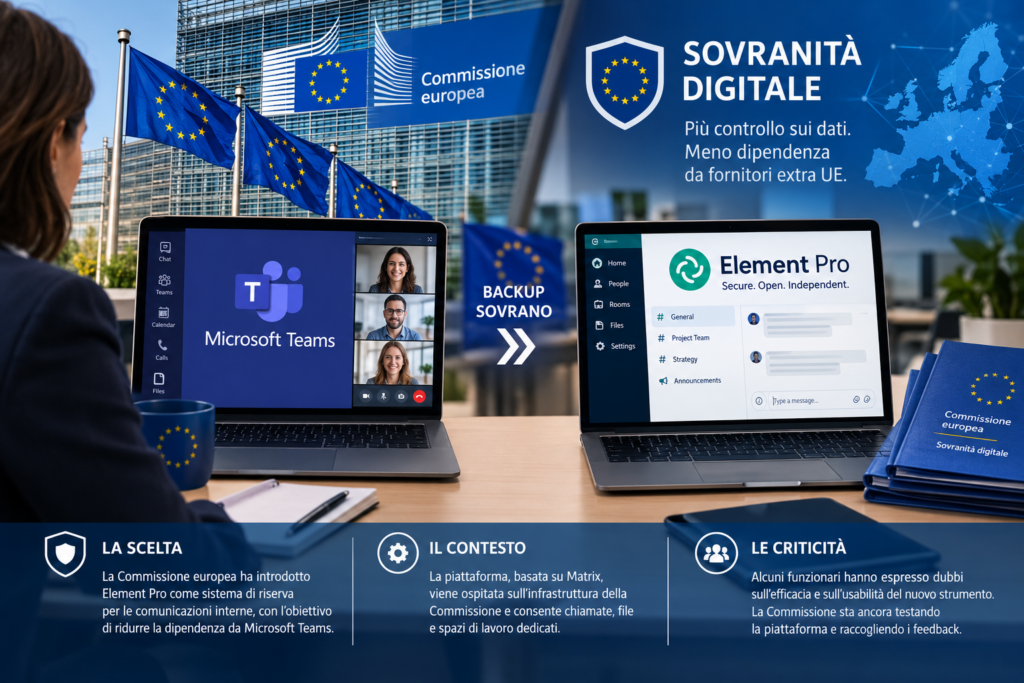 Sovranità digitale, la Commissione europea introduce Element Pro come alternativa di riserva a Teams La Commissione europea introduce Element Pro come alternativa di riserva a Microsoft Teams per rafforzare la sovranità digitale europea.