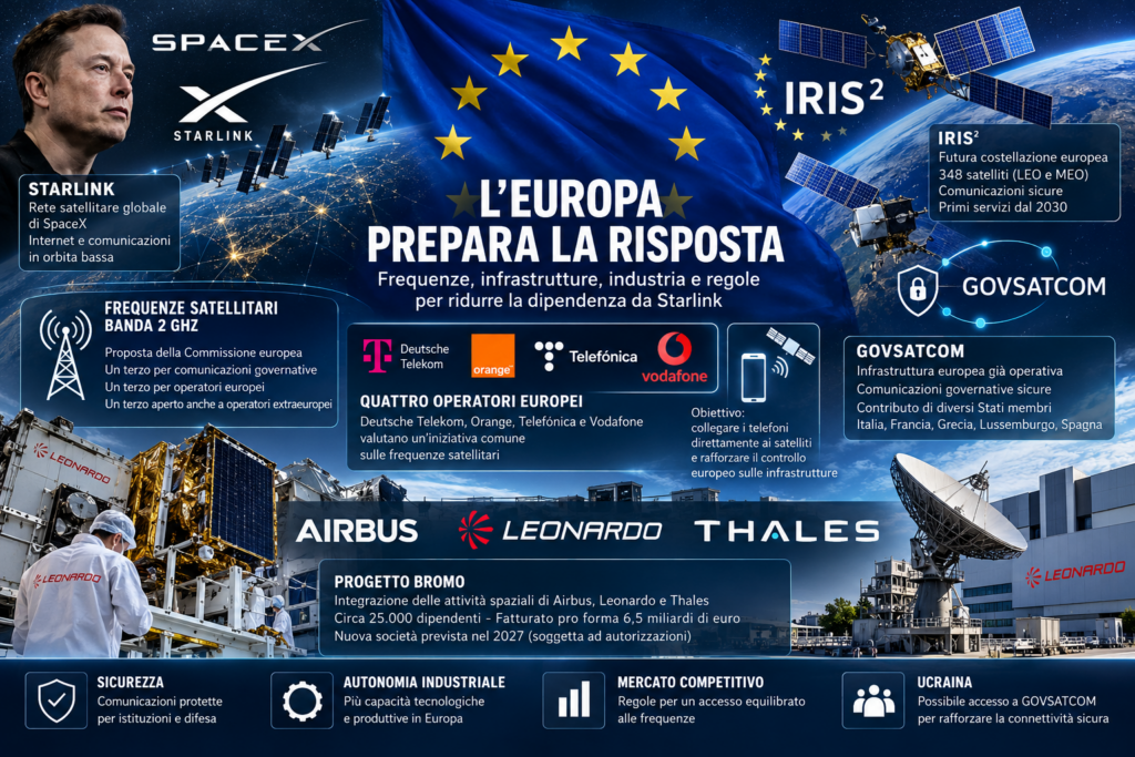 Infografica sulla strategia europea per ridurre la dipendenza da Starlink, con IRIS², GOVSATCOM, Leonardo, Airbus, Thales e bandiera dell’Unione europea.