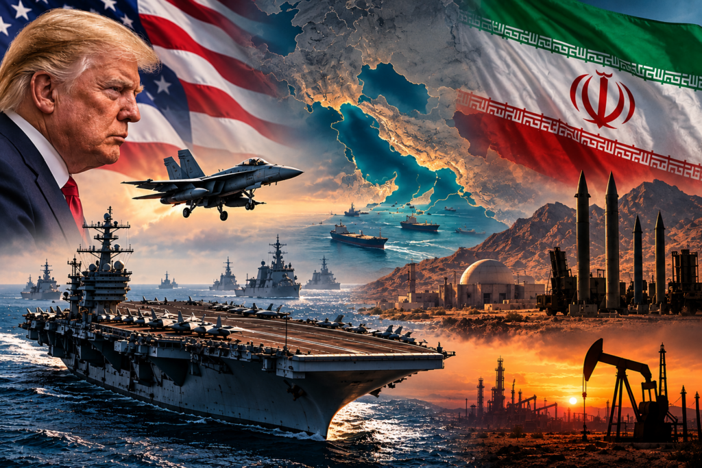 Stati Uniti e Iran, Trump e portaerei americana sullo sfondo del Golfo Persico tra tensioni militari e negoziati.