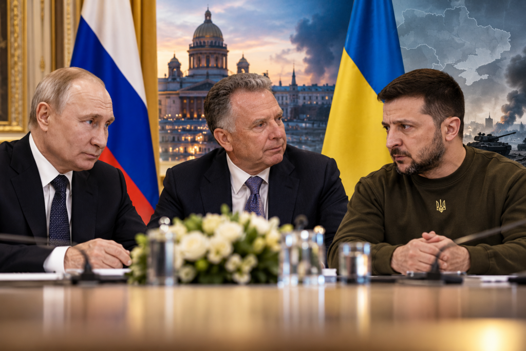 Vladimir Putin, Steve Witkoff e Volodymyr Zelensky: contatti diplomatici del 21 ottobre 2026. Mosca si dichiara disponibile a nuovi colloqui con Stati Uniti e Ucraina, mentre Kiev ribadisce la richiesta di un cessate il fuoco e di garanzie di sicurezza. Immagine illustrativa generata con intelligenza artificiale