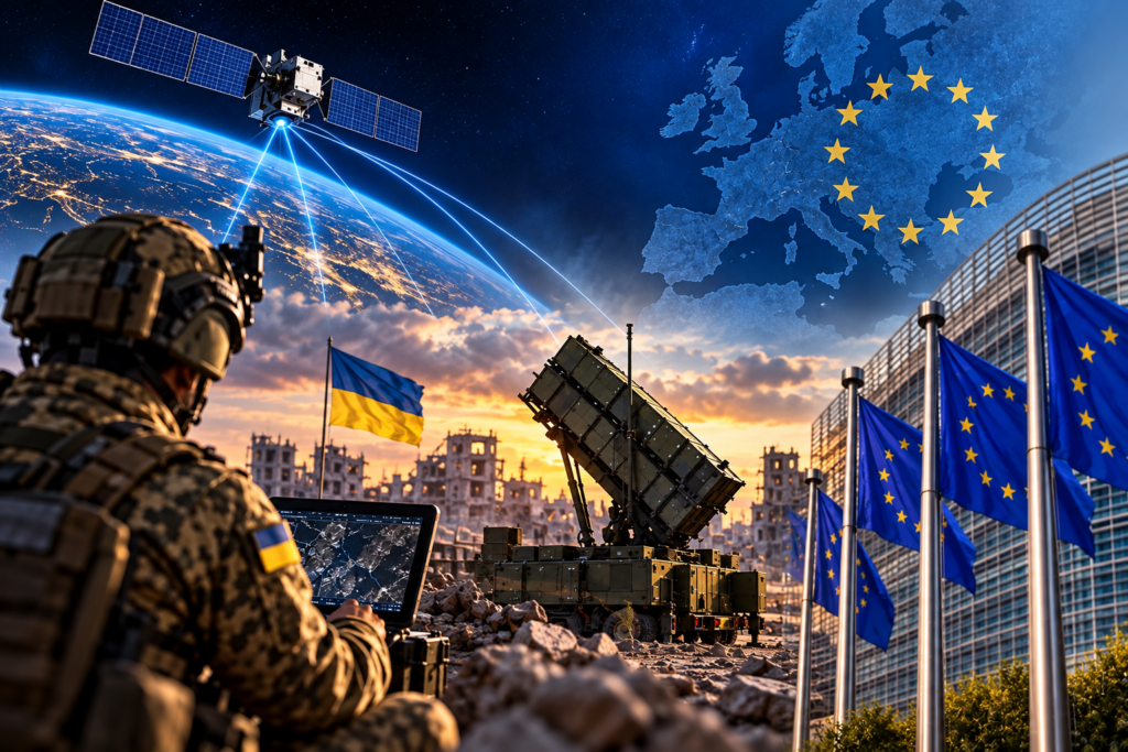 Ucraina, comunicazioni satellitari e difesa aerea: le sfide tecnologiche e strategiche della sicurezza europea. Elaborazione grafica illustrativa.