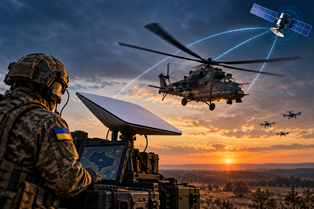Elicottero militare, terminale satellitare e operatore ucraino in una rappresentazione delle comunicazioni per la difesa antidrone.