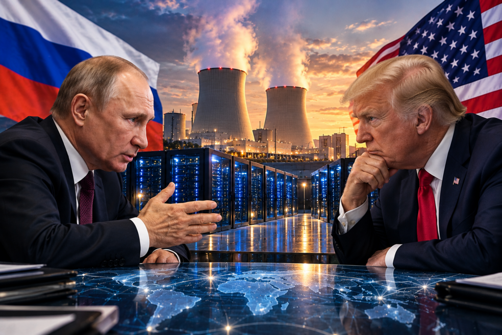 USA-Russia, colloqui sui data center a energia nucleare Donald Trump e Vladimir Putin in un'elaborazione grafica sui possibili progetti russo-americani per data center alimentati da energia nucleare.