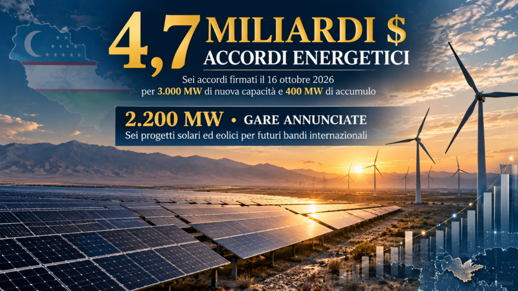 Uzbekistan, investimenti energetici per 4,7 miliardi di dollari: pannelli solari, turbine eoliche e grafica sulle nuove gare.