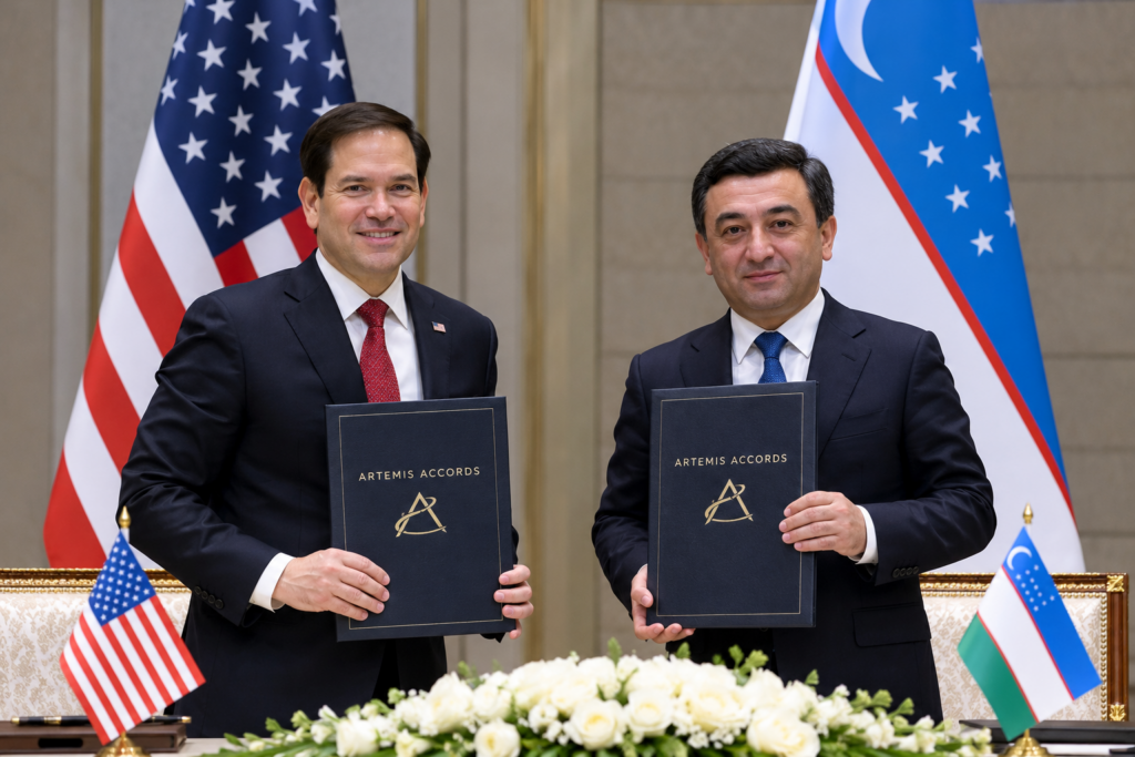 Illustrazione AI di una cerimonia diplomatica tra Stati Uniti e Uzbekistan per gli Accordi Artemis.