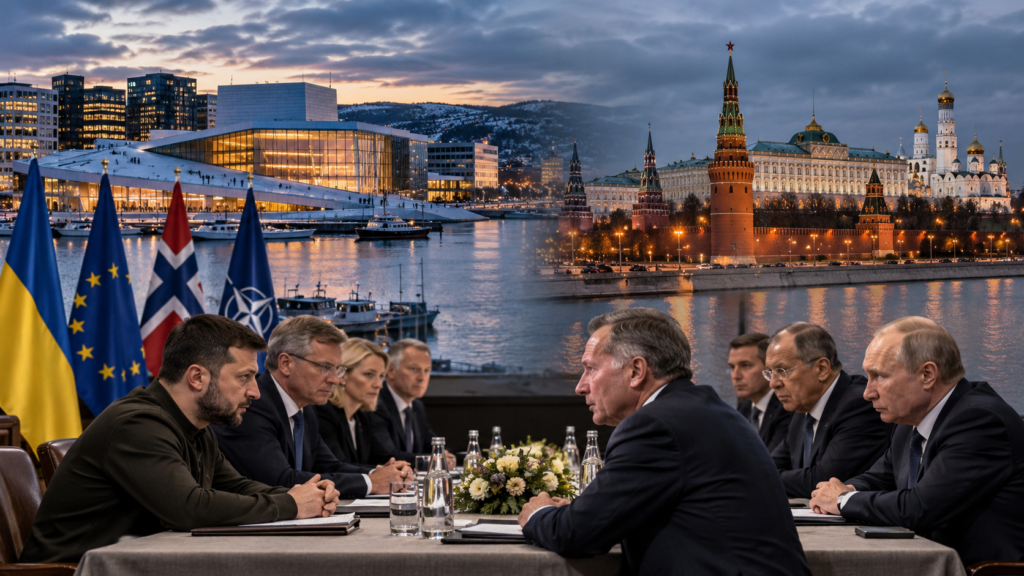 Rappresentazione illustrativa dei negoziati sull'Ucraina tra Stati Uniti, Europa e Russia, con Oslo e Mosca sullo sfondo.