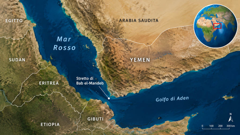 Carta geografica illustrativa dello Yemen, del Mar Rosso e dello stretto di Bab el-Mandeb.