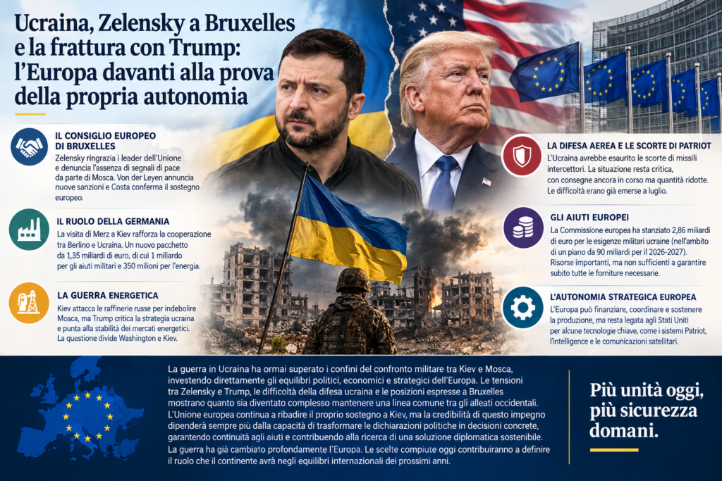 Zelensky e Trump con i leader europei sullo sfondo delle bandiere di Ucraina e Unione europea, immagine illustrativa sulla sicurezza europea.